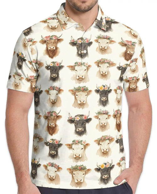 Floral Cow Polo Shirt for Men – Farmhouse Animal Style | Netecom