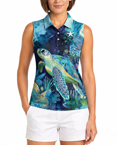 Coral Reef Turtle Pattern Sleeveless Polo Shirt for Women | Netecom