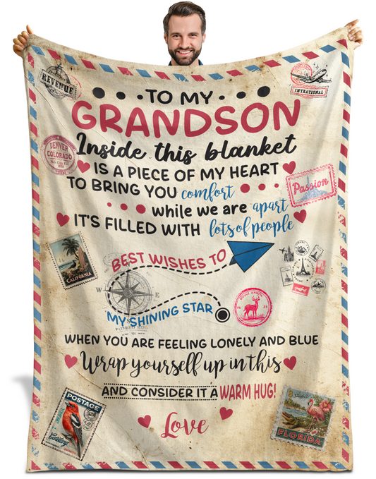Netecom Personalized To My Grandson Blanket from Grandma & Grandpa, Heartfelt Letter to Grandson Throw Blanket for Couch, Bed or Sofa, Birthday Gifts for Grandson, Present for Christmas, Graduation