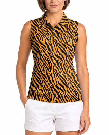 Tiger Print Sleeveless Polo Shirt for Women | Netecom