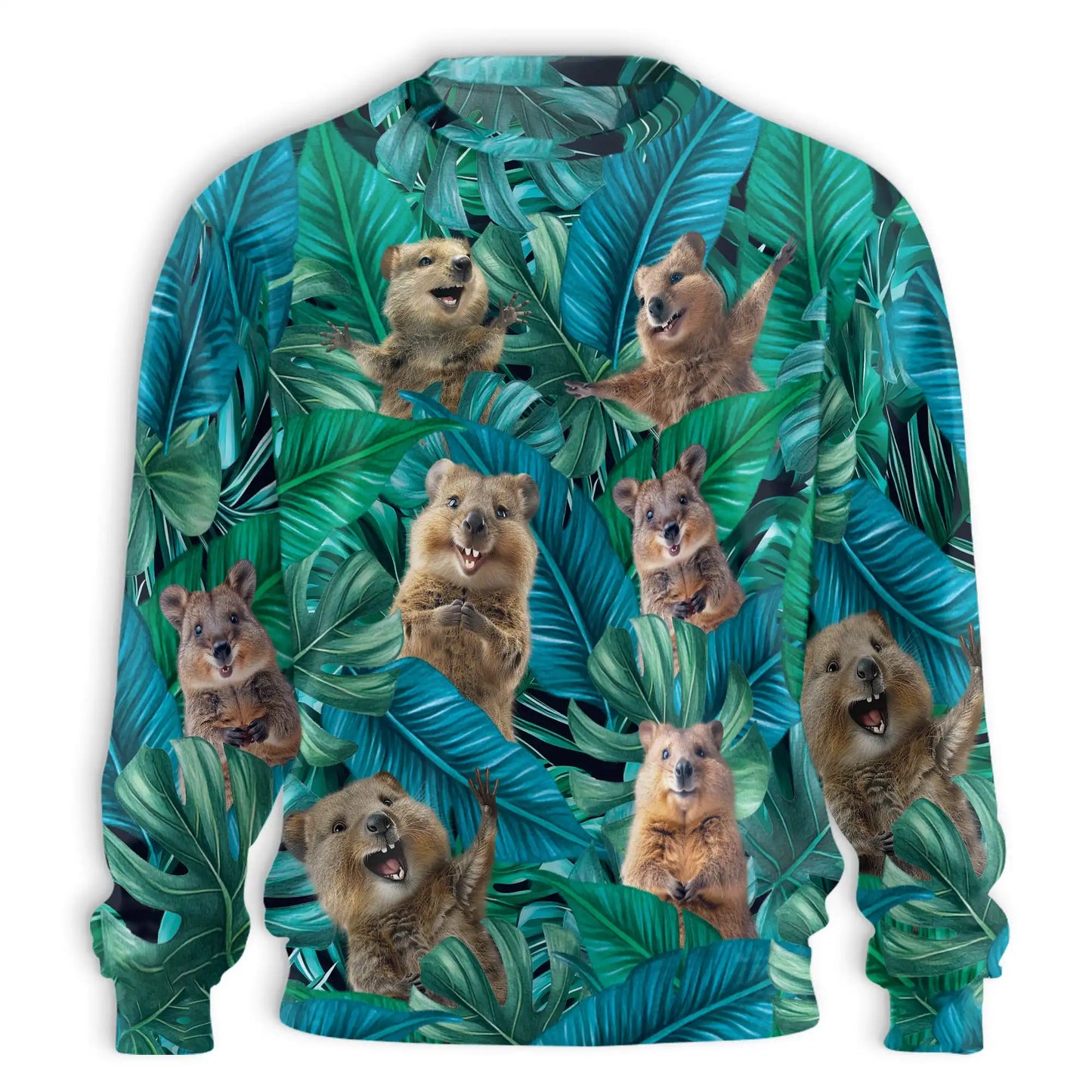 Cute Quokka Tropical Leaves Sweatshirt, 3D All Over Print Australian Animal Crewneck Pullover for Men Women, Quokka Lover Gift - Netecom