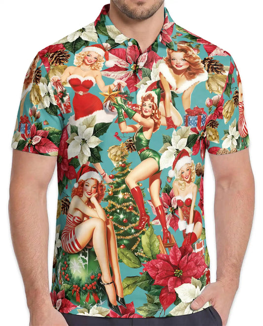 Vintage Christmas Pin Up Girl 3D Polo Shirt for Men – Retro Holiday Style | Netecom