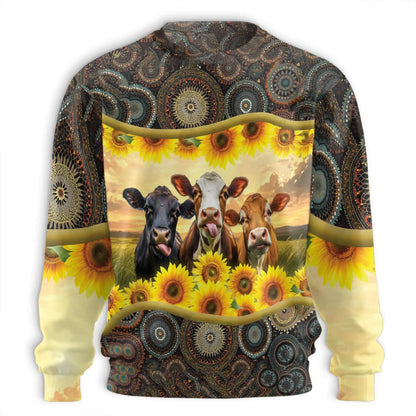 Sunflower Cattle Sweatshirt, 3D All Over Print Floral Cow Crewneck Pullover for Men Women, Cattle Lover Gift - Netecom