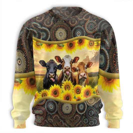 Sunflower Cattle Sweatshirt, 3D All Over Print Floral Cow Crewneck Pullover for Men Women, Cattle Lover Gift - Netecom