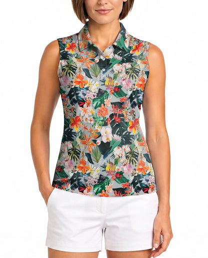 Flower Ephemera Sleeveless Polo Shirt for Women | Netecom