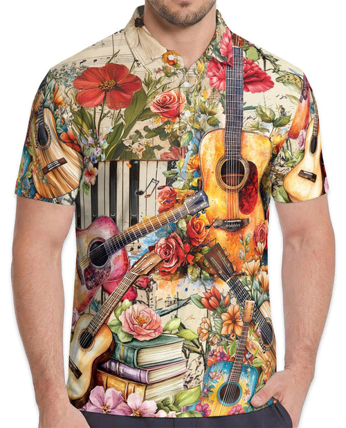Vintage Flower Ukulele Polo Shirt for Men – Tropical Music Style | Netecom