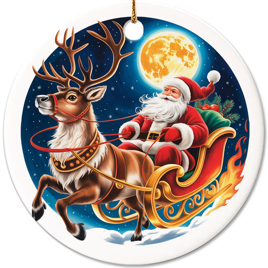 Netecom Funny Santa Claus Sleigh Ornament, Santa Claus and Reindeer Ceramic Ornament for Xmas Tree Hanging Decorations Gift, Gifts for Friends & Family, Holiday Party Present