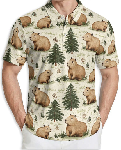 Capybara Forest 3D Polo Shirt for Men – Cute Woodland Animal Style | Netecom