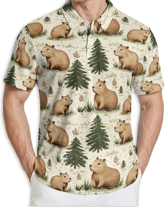 Capybara Forest 3D Polo Shirt for Men – Cute Woodland Animal Style | Netecom