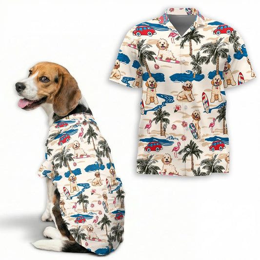 Goldendoodle Tree Beach Print Hawaii Dog and Owner Matching Button Shirts