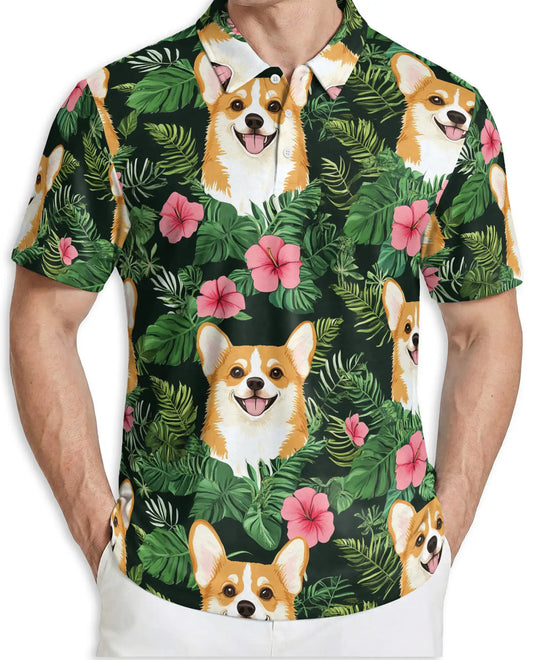 Corgi Tropical 3D Polo Shirt for Men – Cute Dog Floral Style | Netecom