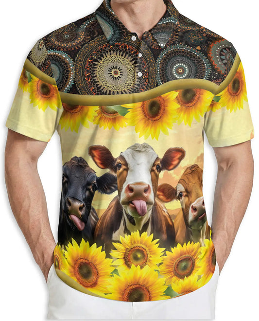 Cow Sunflower Polo Shirt – Rustic Farm Print | Netecom