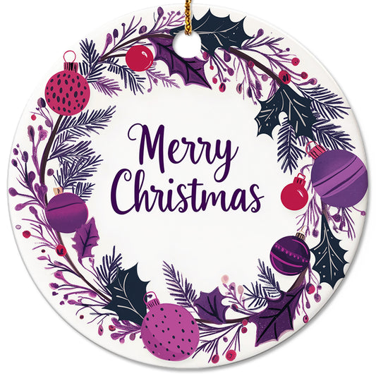 Netecom Vintage Purple Merry Christmas Ornaments, Ceramic Winter Wreath Keepsake Ornament for Xmas Tree Decorations, Gifts for Holiday, Party, Home Decor