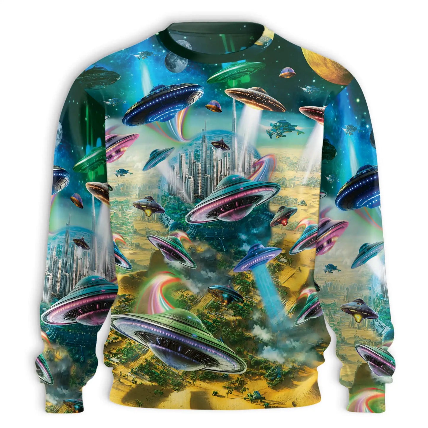 Alien Spaceship Future City Sweatshirt, 3D All Over Print Sci-Fi Cosmic Crewneck Pullover for Men Women, Alien Lover Gift - Netecom