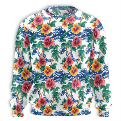 Palm Tree Floral Beach Sweatshirt, 3D All Over Print Tropical Flower Crewneck Pullover for Men Women, Beach Lover Gift - Netecom