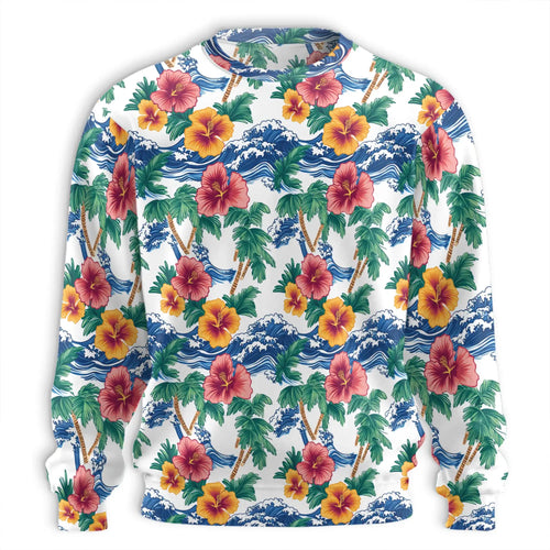 Palm Tree Floral Beach Sweatshirt, 3D All Over Print Tropical Flower Crewneck Pullover for Men Women, Beach Lover Gift - Netecom