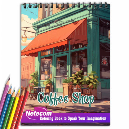 Coffee Shop Spiral Bound Coloring Book, Unleash Your Creativity with 30 Charming Coffee Shop Coloring