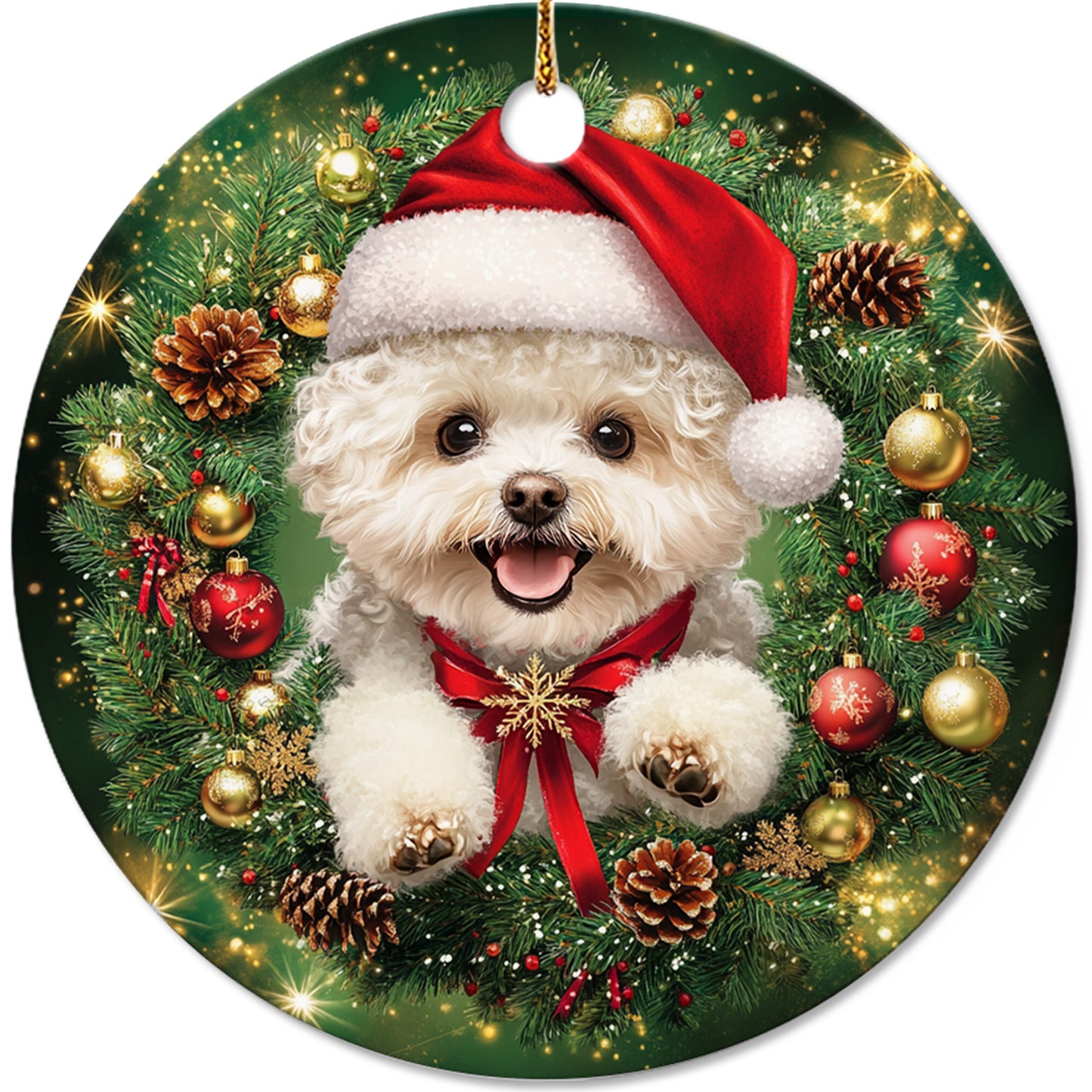 Netecom Cute Bichon Frise Christmas Ornament, Dog Santa Hat Ceramic Ornament for Xmas Tree Hanging Decorations Gift, Puppy Lover Gifts, Home Decor, Holiday Party Present