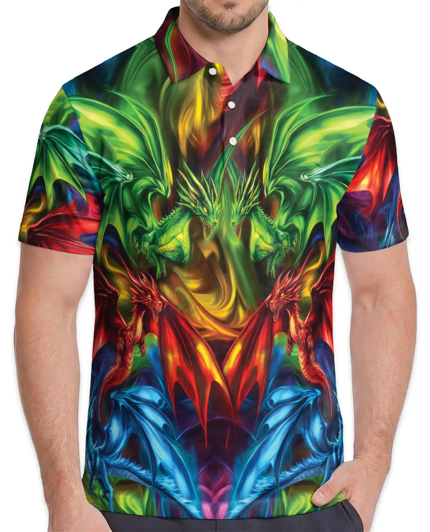 Colorful Fantasy Dragon Polo Shirt for Men - Fire Ice Mythical Dragon | Netecom