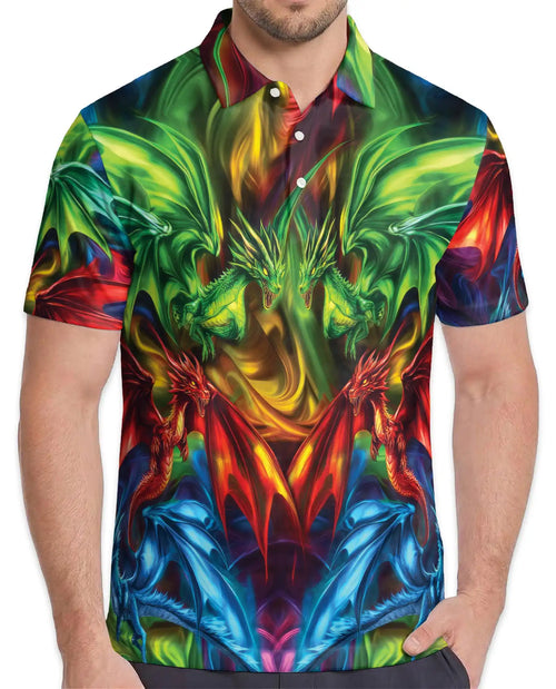 Colorful Fantasy Dragon Polo Shirt for Men - Fire Ice Mythical Dragon | Netecom
