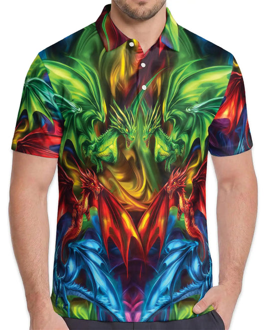 Colorful Fantasy Dragon Polo Shirt for Men - Fire Ice Mythical Dragon | Netecom