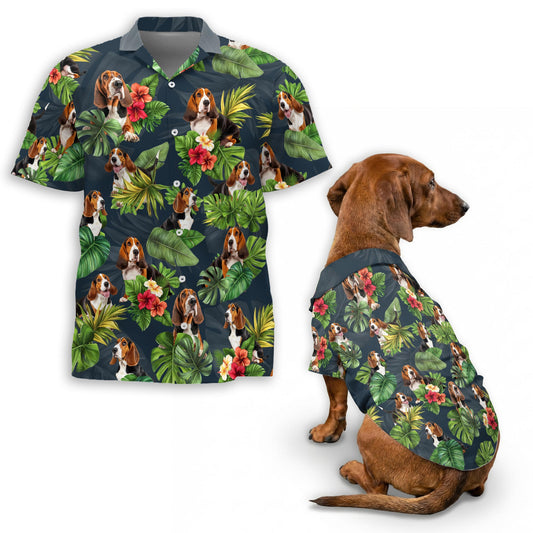 Netecom Matching Basset Hound Aloha Hawaiian Shirt for Dog and Owner, Aloha Summer Shirt, Funny Dog Print Outfit for Pet and Human, Beach Vacation Casual Wear