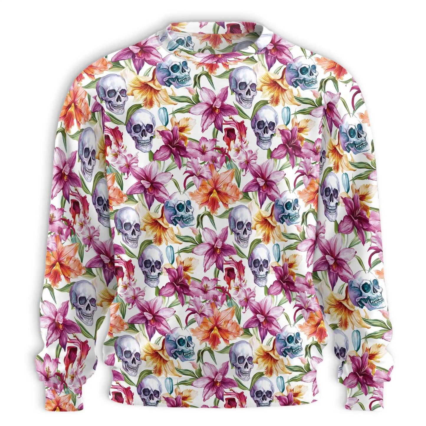 Watercolor Floral Skull Pattern Sweatshirt, 3D All Over Print Gothic Flower Crewneck Pullover for Men Women, Skull Art Lover Gift - Netecom