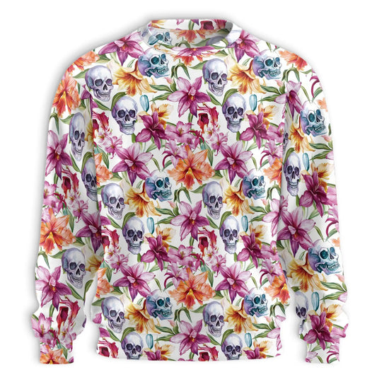 Watercolor Floral Skull Pattern Sweatshirt, 3D All Over Print Gothic Flower Crewneck Pullover for Men Women, Skull Art Lover Gift - Netecom