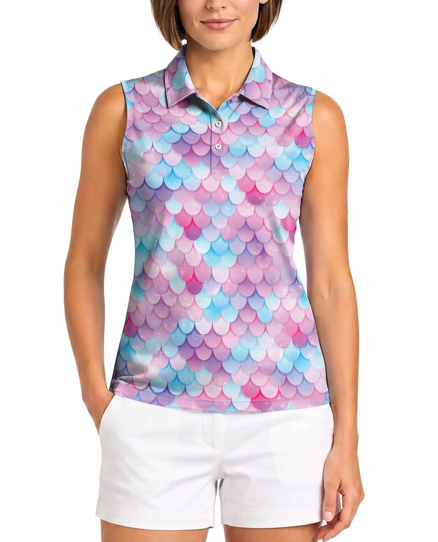Mermaid Scales Pattern Sleeveless Polo Shirt for Women | Netecom