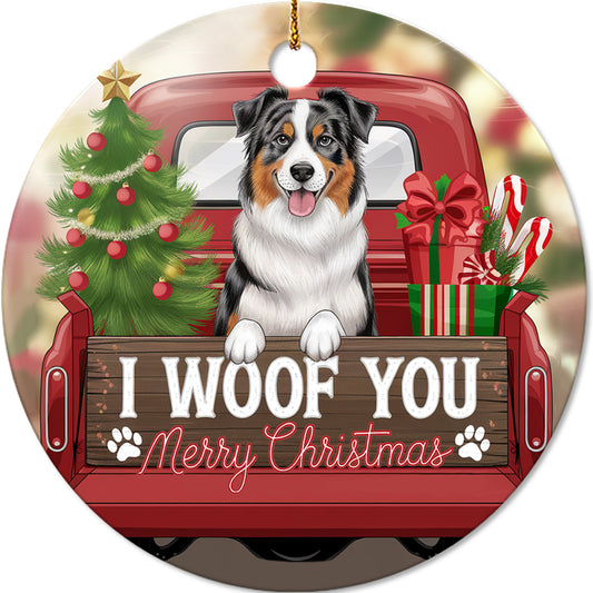 Netecom Cute Australian Shepherd in Holiday Truck Ornament, I Woof You Merry Christmas Ceramic Ornament for Christmas Tree Hanging Decorations Gift, Pet Lover Gifts, Holiday Decor Present