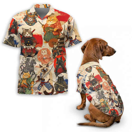 Netecom Matching Japanese Samurai Cat Hawaiian Shirt for Dog and Owner, Aloha Summer Shirt, Samurai Cat Print Outfit for Pet and Human, Beach Vacation Casual Wear