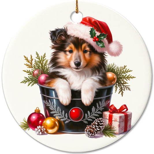Netecom Cute Shetland Sheepdog in Bucket Ornament, Sheltie with Santa Hat Ceramic Ornament for Christmas Tree Hanging Decorations Gift, Dog Lover Gifts, Home Decor, Holiday Party Present