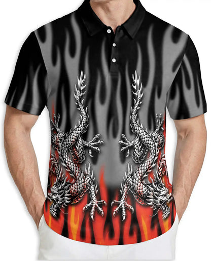 Tribal Dragon Polo Shirt – Silver Dragon Flame Artwork | Netecom