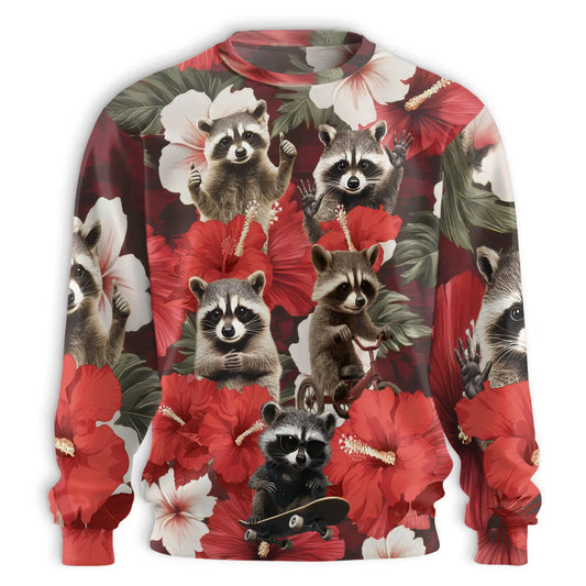 Tropical Hibiscus Raccoon Sweatshirt, 3D All Over Print Floral Wildlife Crewneck Pullover for Men Women, Raccoon Lover Gift - Netecom