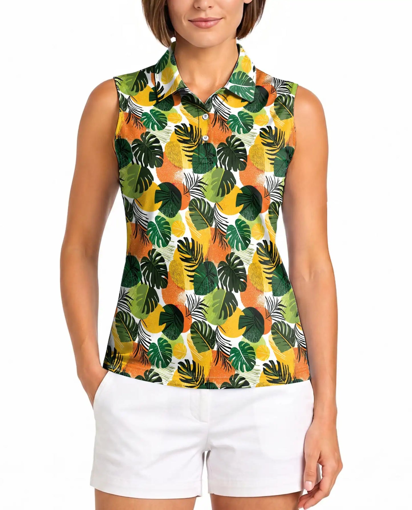 Monstera Leaf Print Sleeveless Polo Shirt for Women – Tropical Botanical Style | Netecom