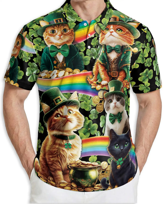 Lucky Cat St Patrick’s Day 3D Polo Shirt for Men – Irish Rainbow Style | Netecom