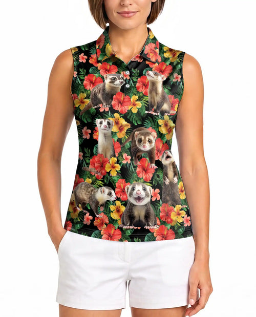 Ferrets Tropical Sleeveless Polo Shirt for Women – Cute Exotic Animal Style | Netecom