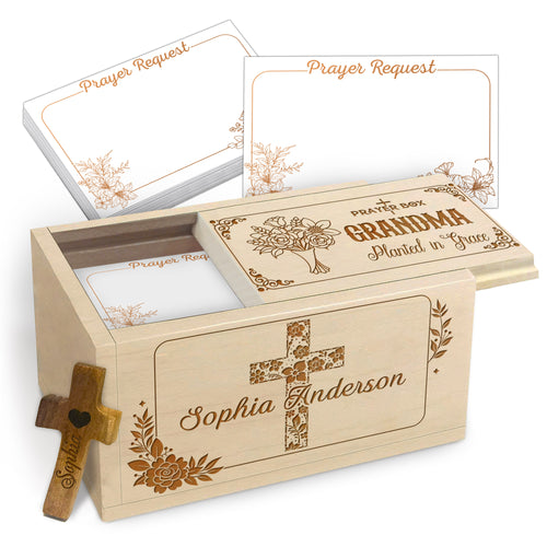 Netecom Personalized Grandma Prayer Box with Custom Name on Box & Wooden Cross, Christian Keepsake with 100 Prayer Request Cards, Faith Gift for Grandma