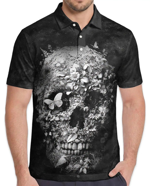 Floral Skull Gothic Polo Shirt, Dark Botanical Style | Netecom