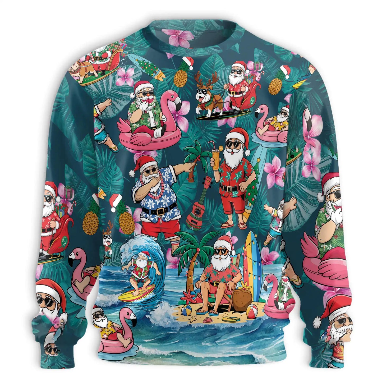Santa Tropical Sweatshirt, 3D All Over Print Christmas Beach Crewneck Pullover for Men Women, Tropical Santa Gift - Netecom