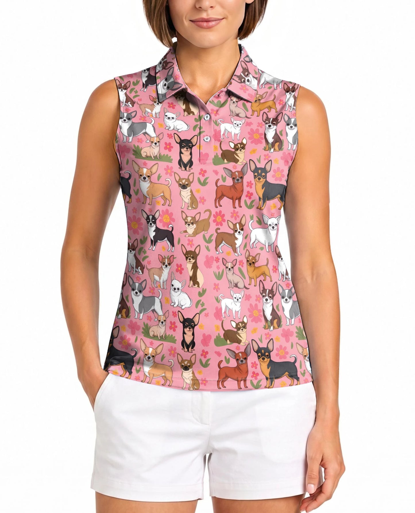 Floral Chihuahua Sleeveless Polo Shirt for Women | Netecom