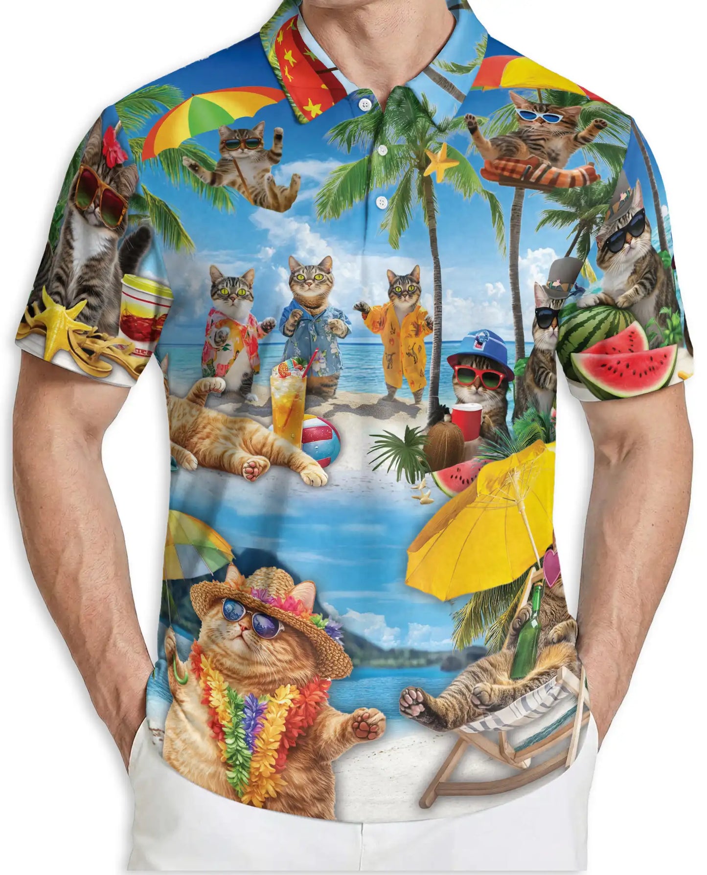 Funny Beach Cat Polo Shirt for Men-Tropical Cat Lover Shirt | Netecom