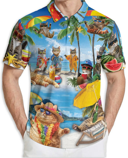 Funny Beach Cat Polo Shirt for Men-Tropical Cat Lover Shirt | Netecom