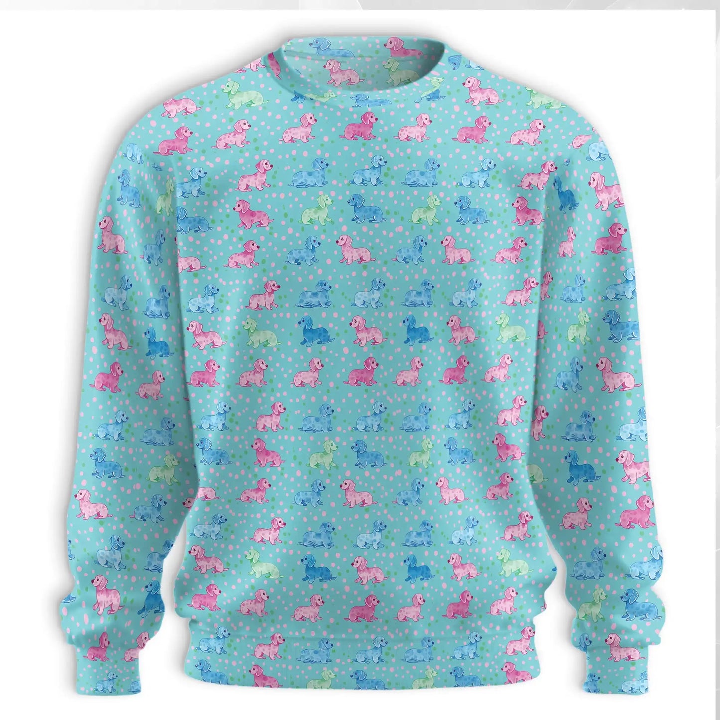 Pastel Dachshund Polka Dot Sweatshirt, 3D All Over Print Cute Dog Crewneck Pullover for Men Women, Dachshund Lover Gift - Netecom
