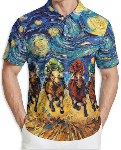 Starry Night Horse Racing 3D Polo Shirt for Men – Artistic Jockey Derby Style | Netecom