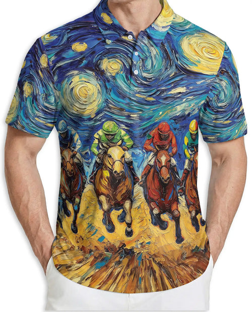 Starry Night Horse Racing 3D Polo Shirt for Men – Artistic Jockey Derby Style | Netecom