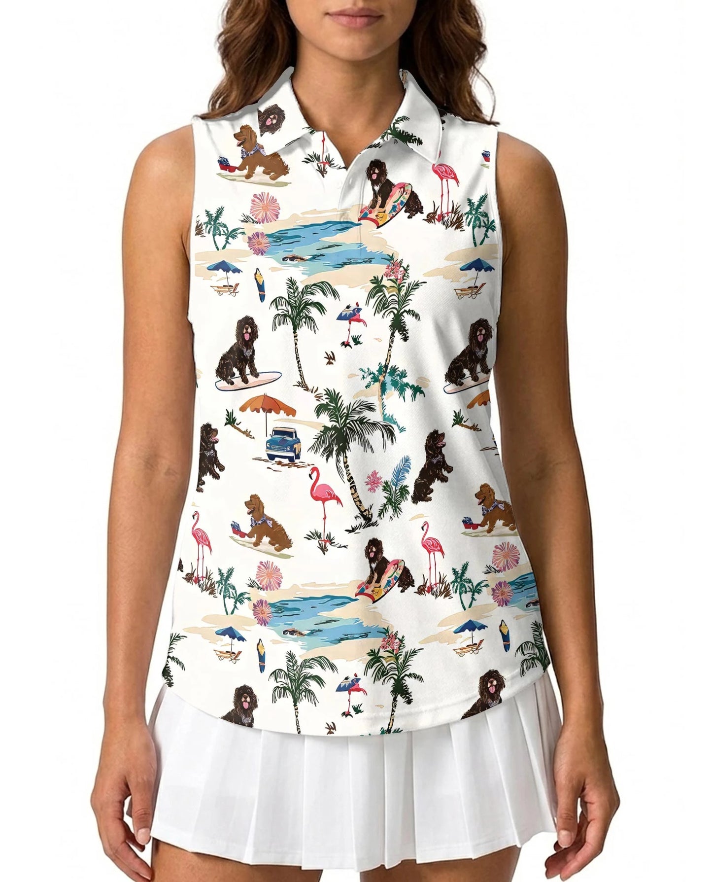Poodle Beach Surfing Sleeveless Polo Shirt for Women – Cute Dog Summer Style | Netecom