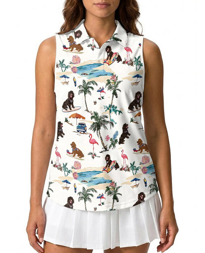 Poodle Beach Surfing Sleeveless Polo Shirt for Women – Cute Dog Summer Style | Netecom