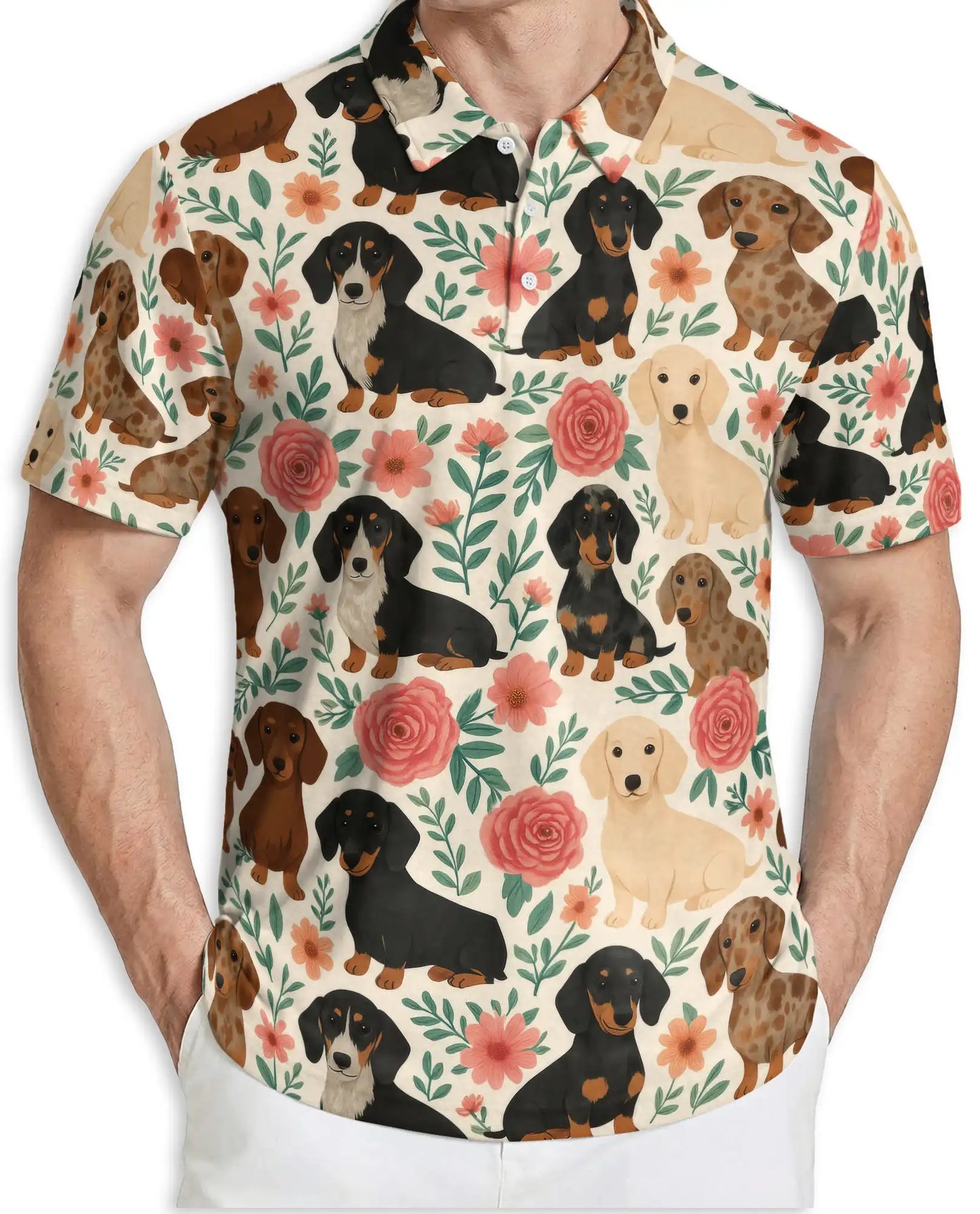 Dachshund Dog Pattern Polo Shirt for Men – Cute Pet Tropical Style | Netecom