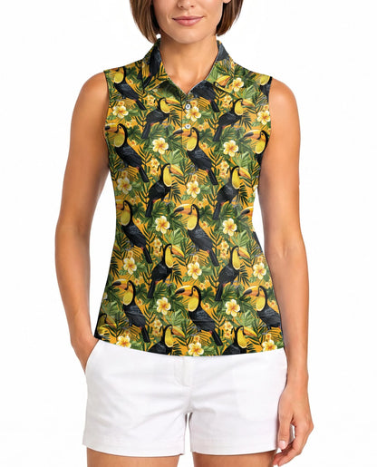 Toucan Tropical Floral Sleeveless Polo Shirt for Women – Exotic Bird Summer Style | Netecom